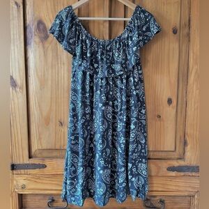 Blue Boho Paisley Off The Shoulder Flounce Neck Summer Sun Dress